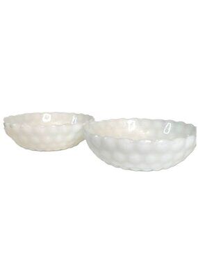Vintage Milk Glass Bubble Bowls Anchor Hocking White Scalloped 8.25" x 2.5" MCM